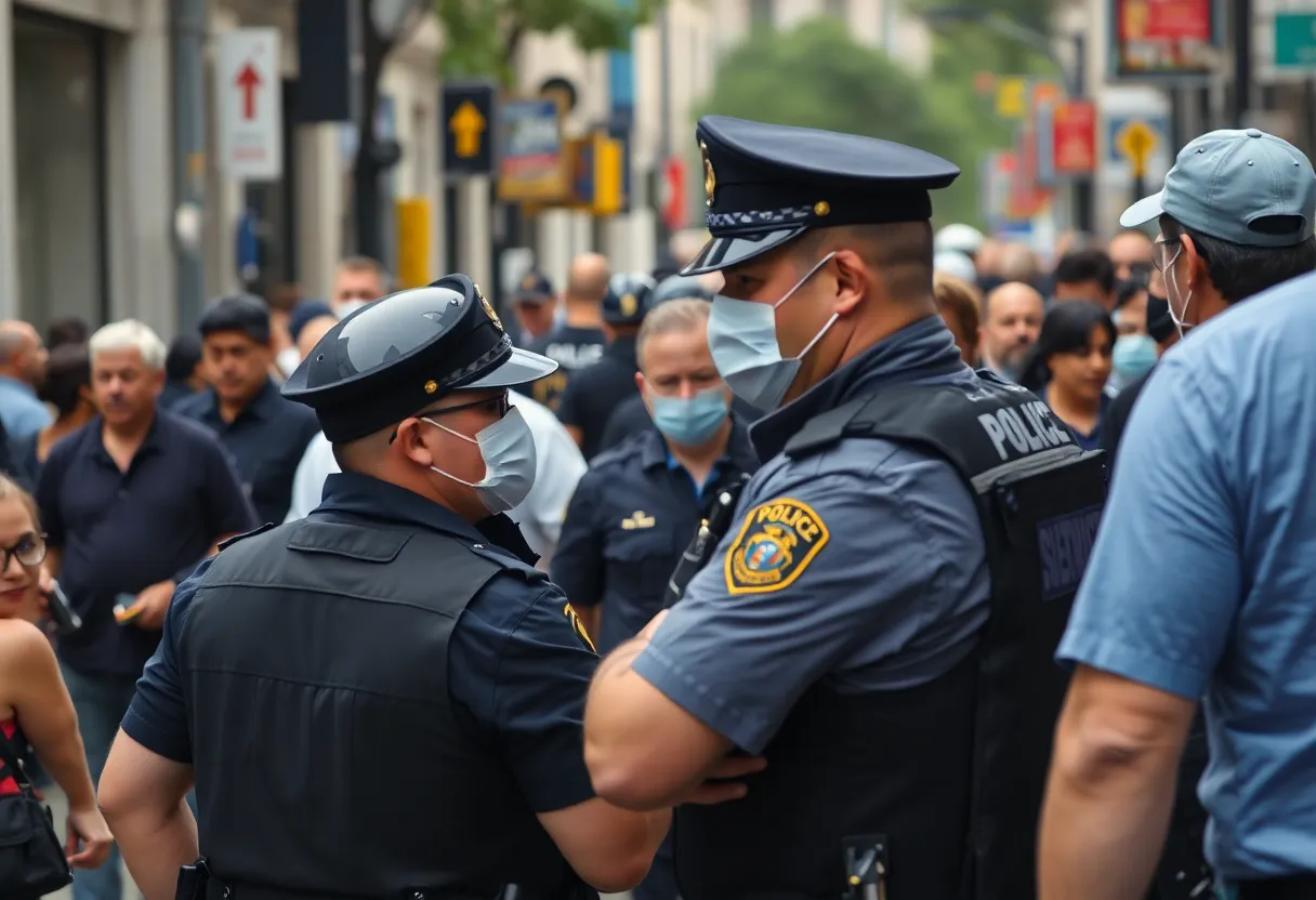 A busy intersection in an urban area with law enforcement presence.