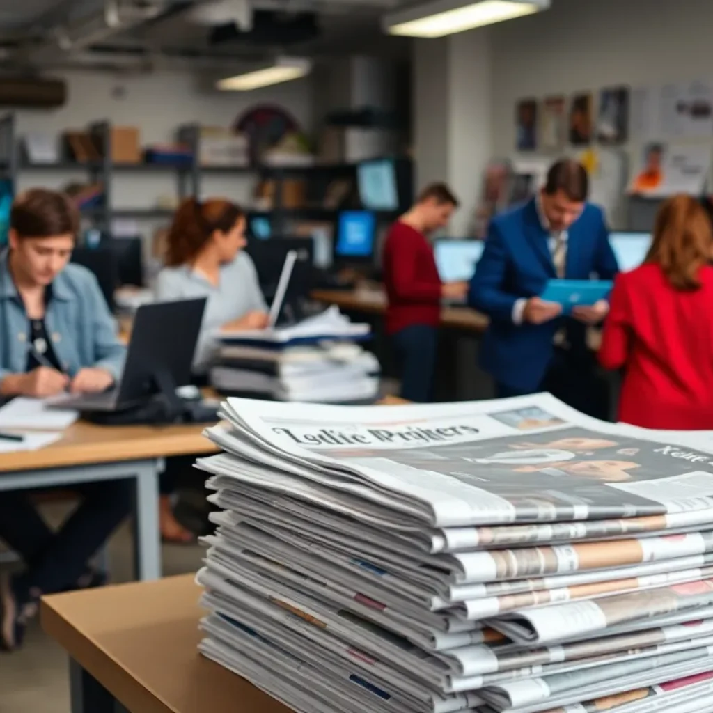 Staff working in a newspaper office with printed newspapers and digital equipment