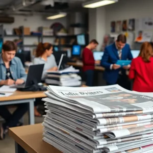 Staff working in a newspaper office with printed newspapers and digital equipment