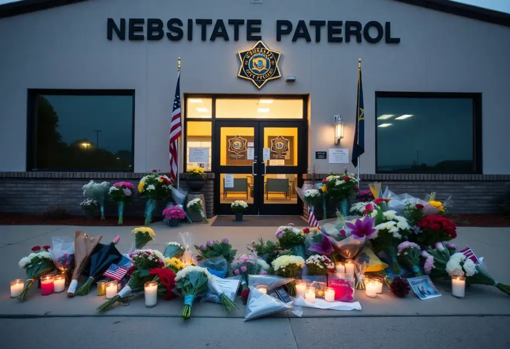 Flowers and candles left in memory of a Nebraska State Patrol Trooper