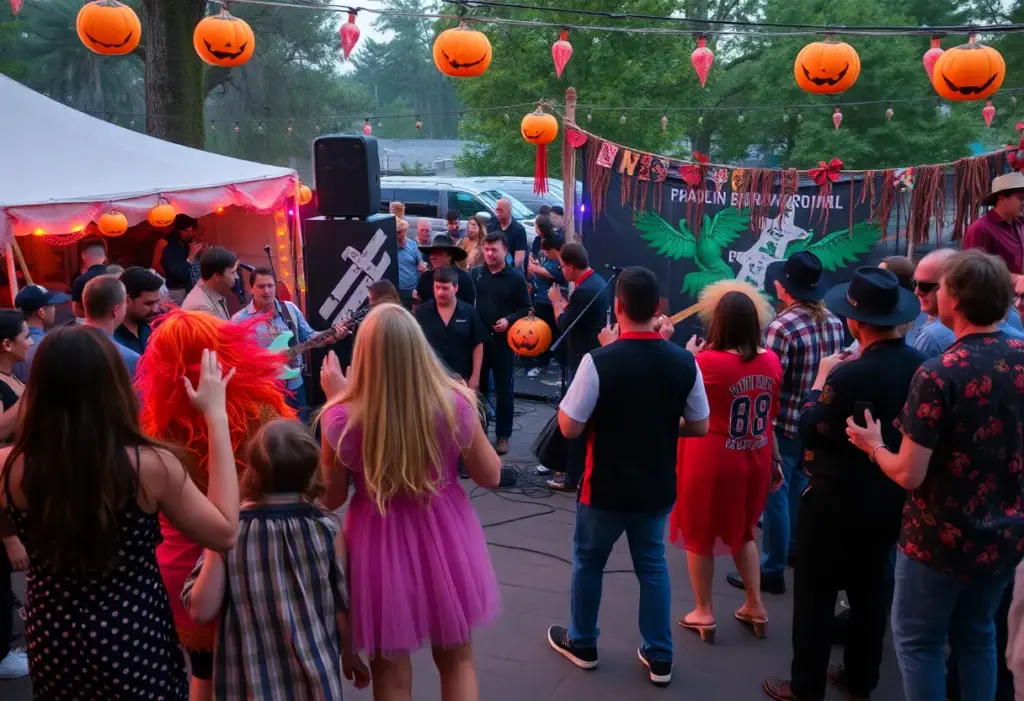 Crowd enjoying the Trick or Treat Jam in Omaha with bands and colorful costumes