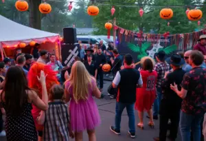 Crowd enjoying the Trick or Treat Jam in Omaha with bands and colorful costumes