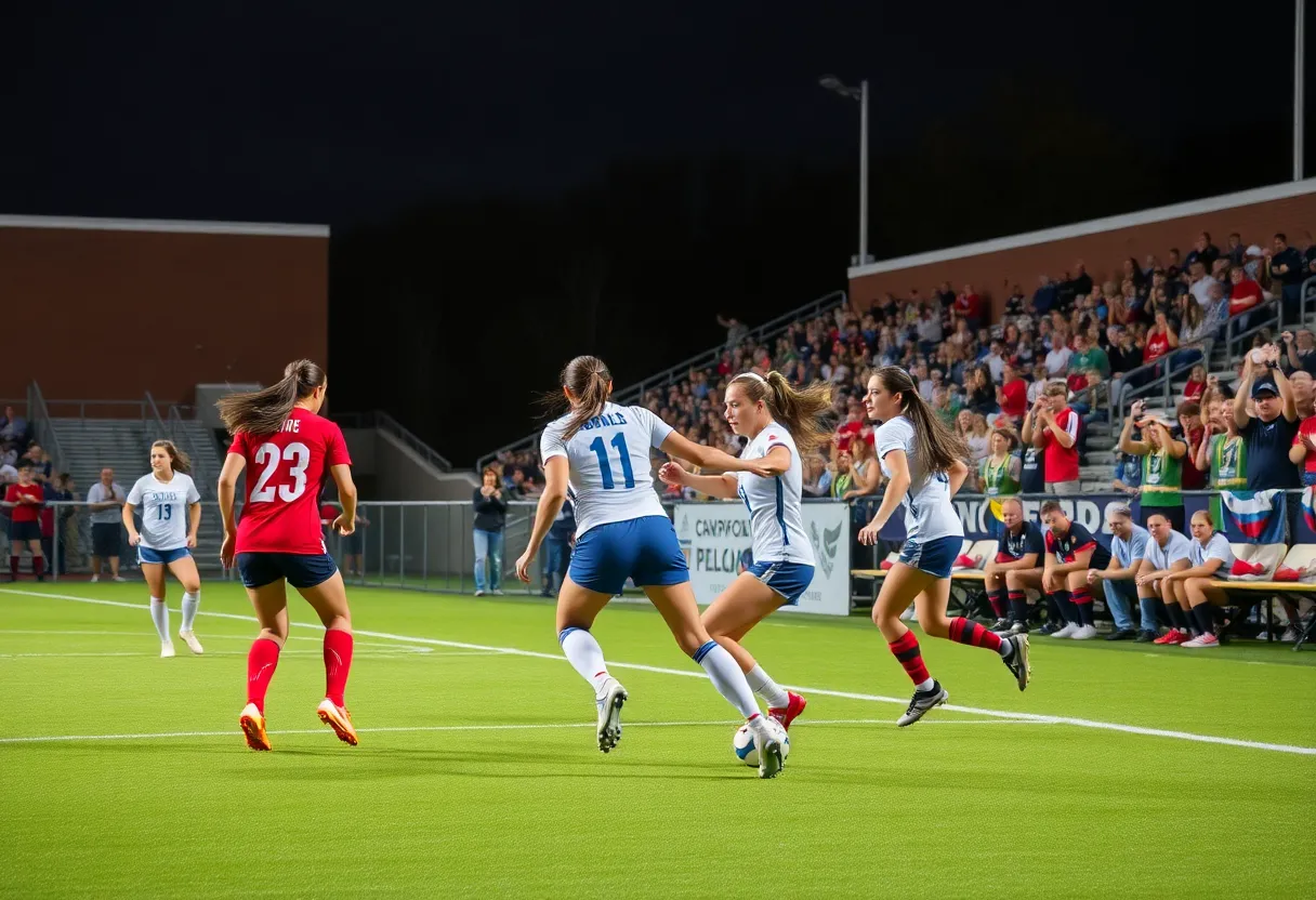 Action shot of UMass Women's Soccer team playing against Stonehill College