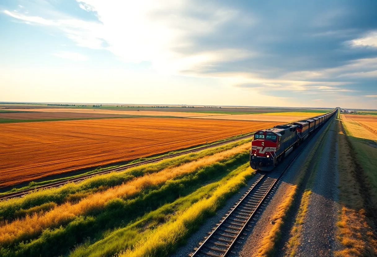 Freight train traveling through Nebraska's agricultural landscape