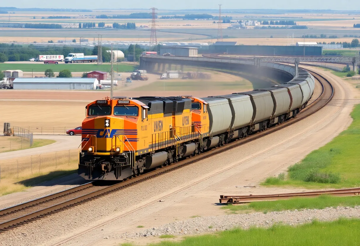 Union Pacific freight train passing through Midwest landscapes