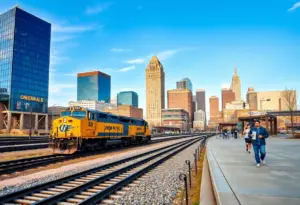 A Union Pacific train passing through the Omaha skyline.