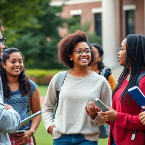 Students discussing on the University of Nebraska Omaha campus.