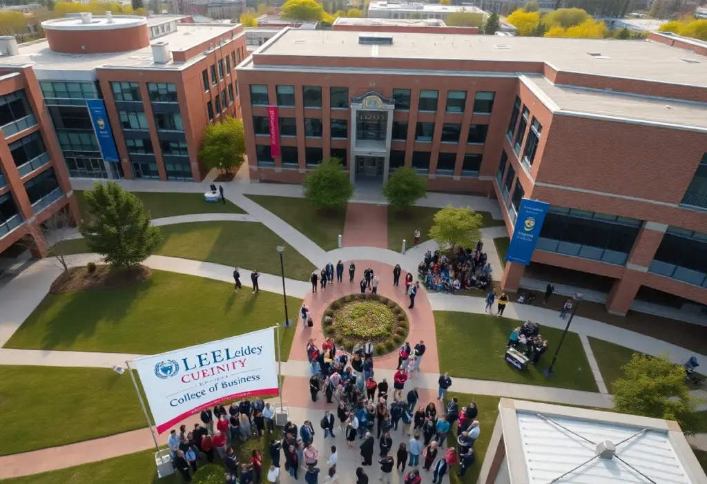 Crowd gathered for the renaming ceremony at the University of Nebraska Omaha's College of Business.
