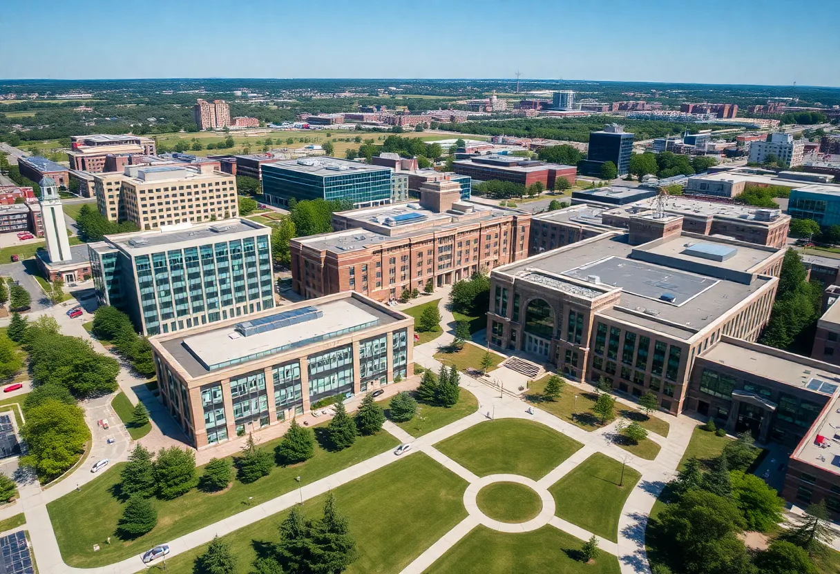 Aerial view of the University of Nebraska at Omaha showing its campus and surrounding areas.