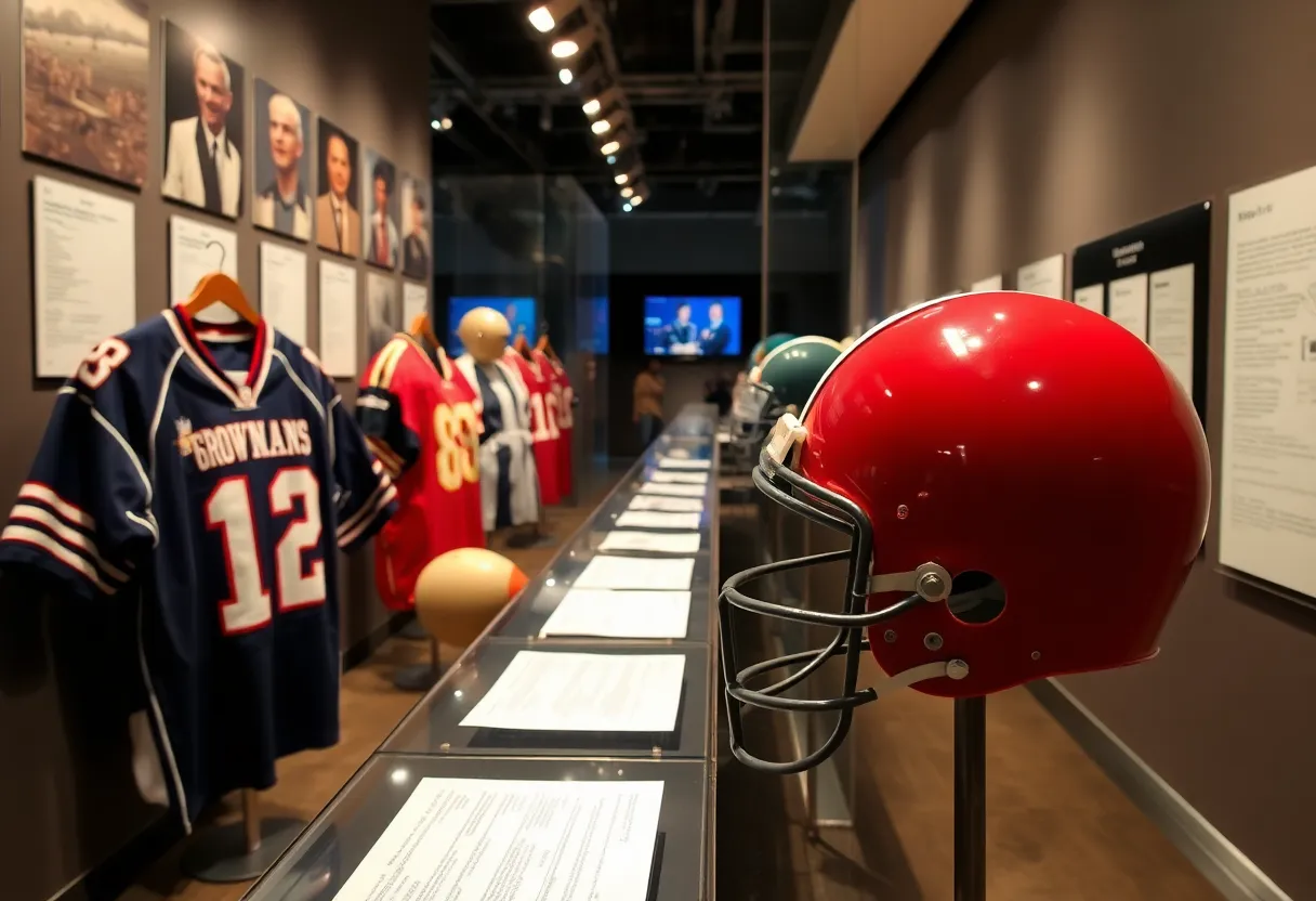 UNMC exhibit featuring historical football items and memorabilia