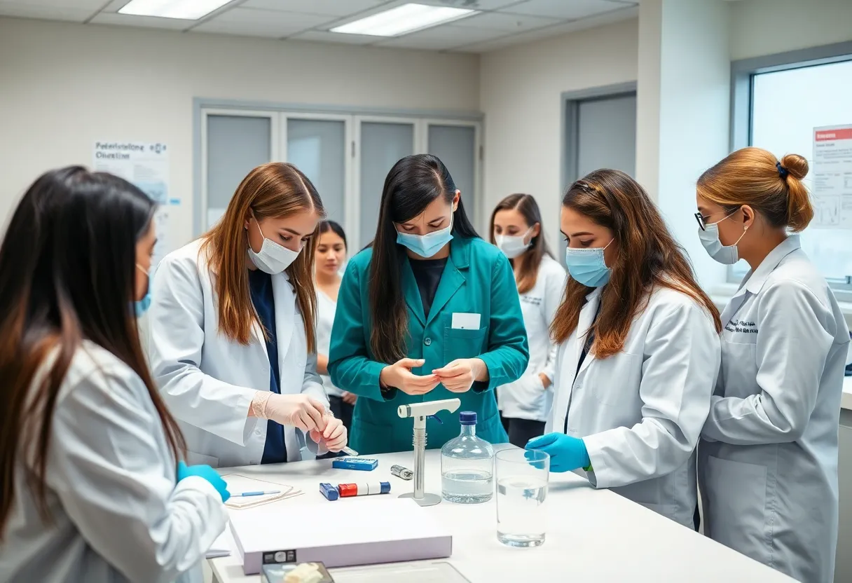 High school students participating in a medical lab demonstration at UNMC.