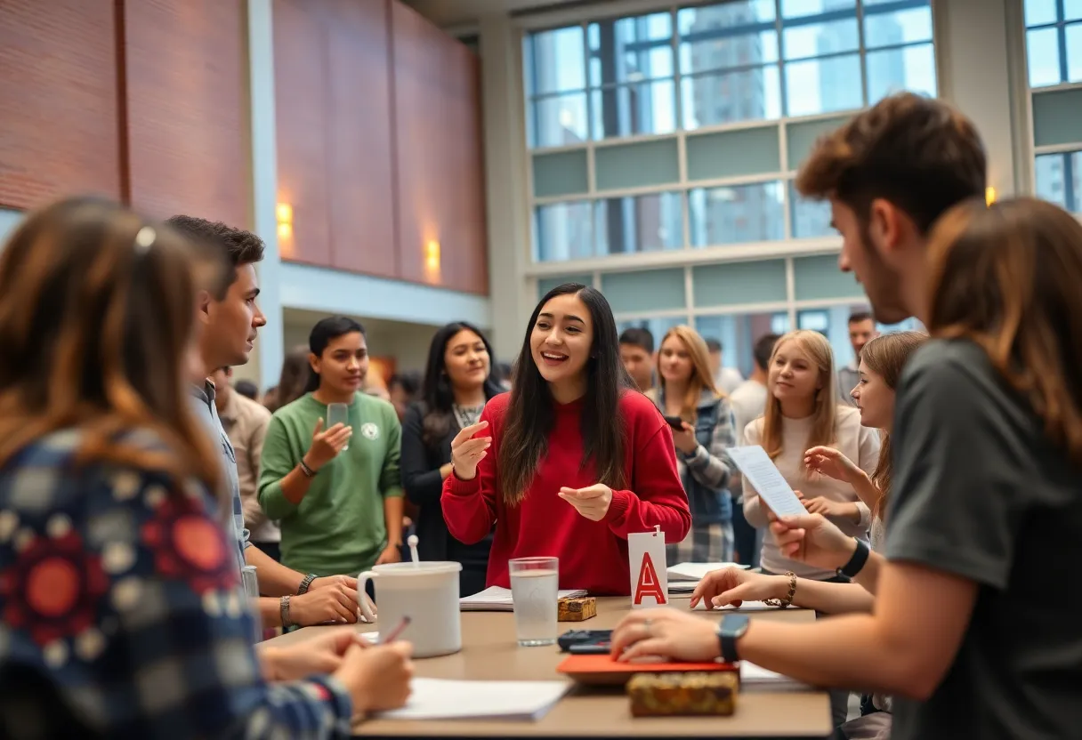 Students participating in trivia and games at the UNO fundraiser.
