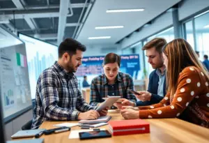 Students collaborating in a fintech office setting.