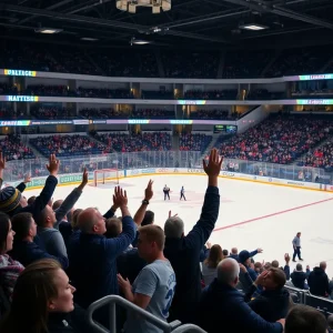 UNO hockey game with fans cheering at Baxter Arena