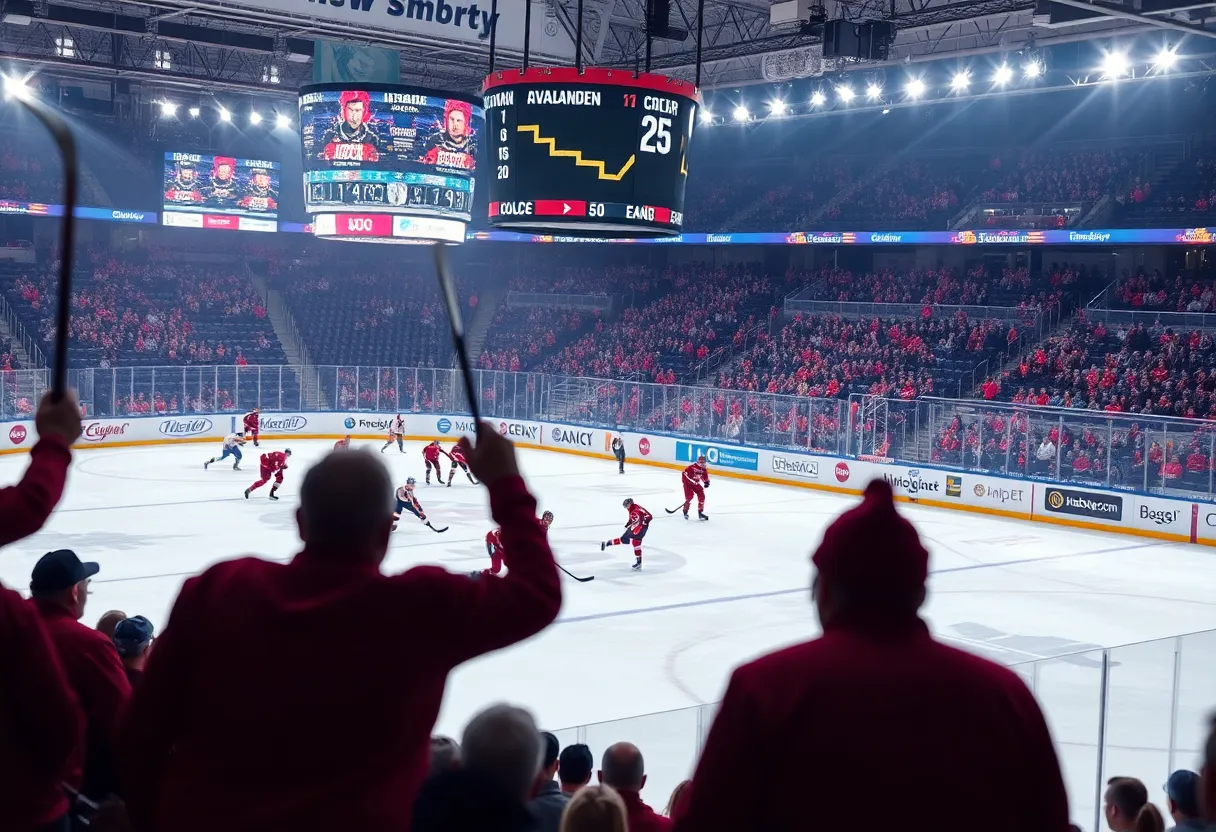 UNO hockey players in action against Massachusetts in an overtime game
