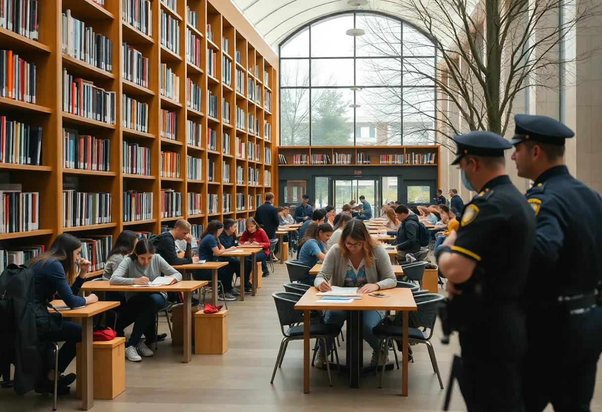 Students evacuating Criss Library with police officers overseeing