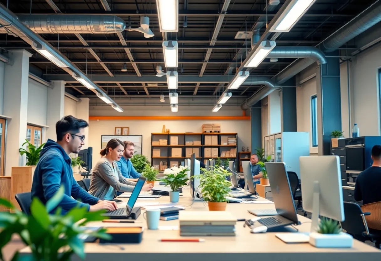 Tech startup team discussing sustainable logistics solutions