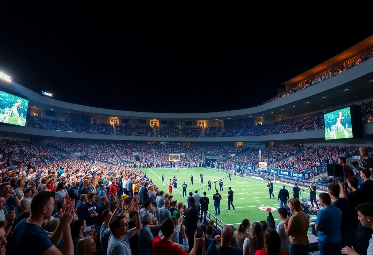 Fans enjoying a night sports event at UNO with bright lights and interactive activities.