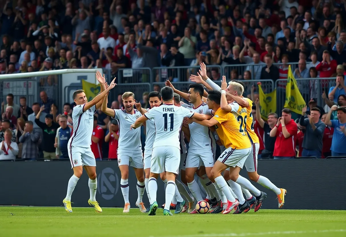 UNO soccer players celebrating after scoring a goal
