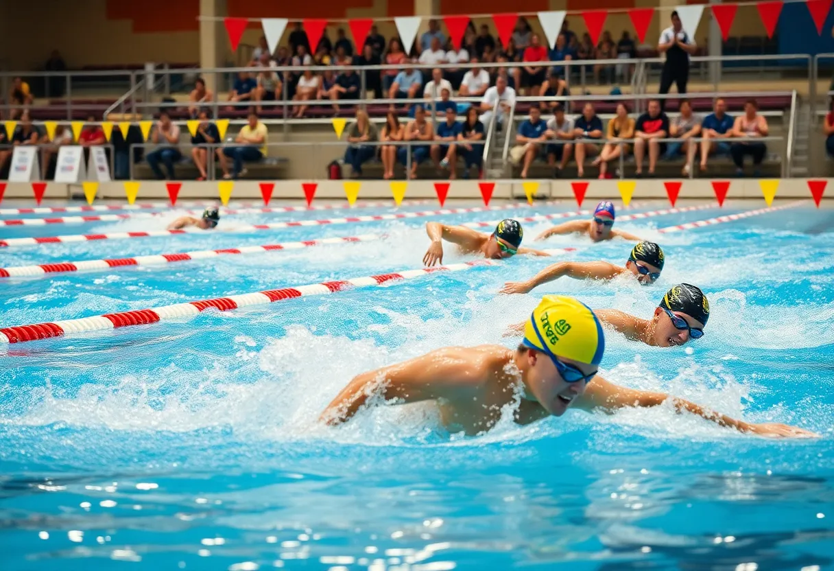 Swimmers from the UNO Swim and Dive Team in action during a relay event.