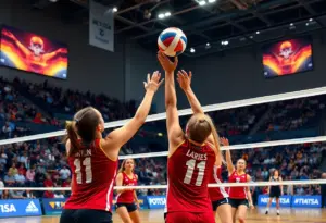 UNO women's volleyball team in action during a match against North Dakota State
