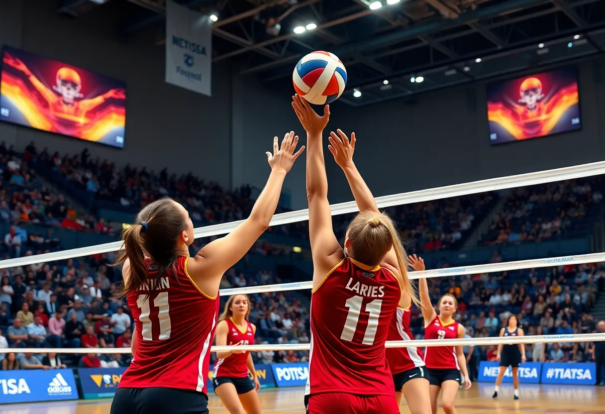 UNO women's volleyball team in action during a match against North Dakota State