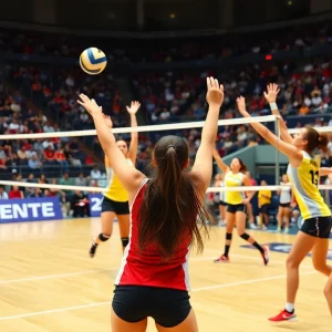 UNO women's volleyball team celebrating victory over Drake