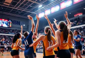 UNO women's volleyball team celebrating victory at Baxter Arena
