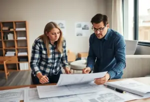 Couple examining house blueprints with expressions of concern in an office