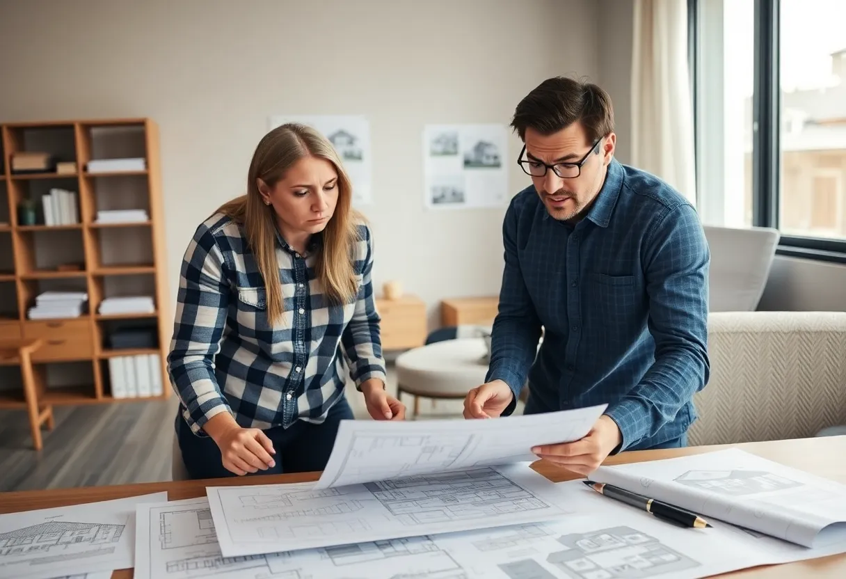 Couple examining house blueprints with expressions of concern in an office