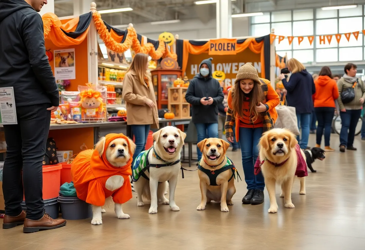 Families participating in the Wag-O-Ween pet adoption event with costumed dogs.