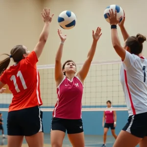 Wahoo High School volleyball players in a match