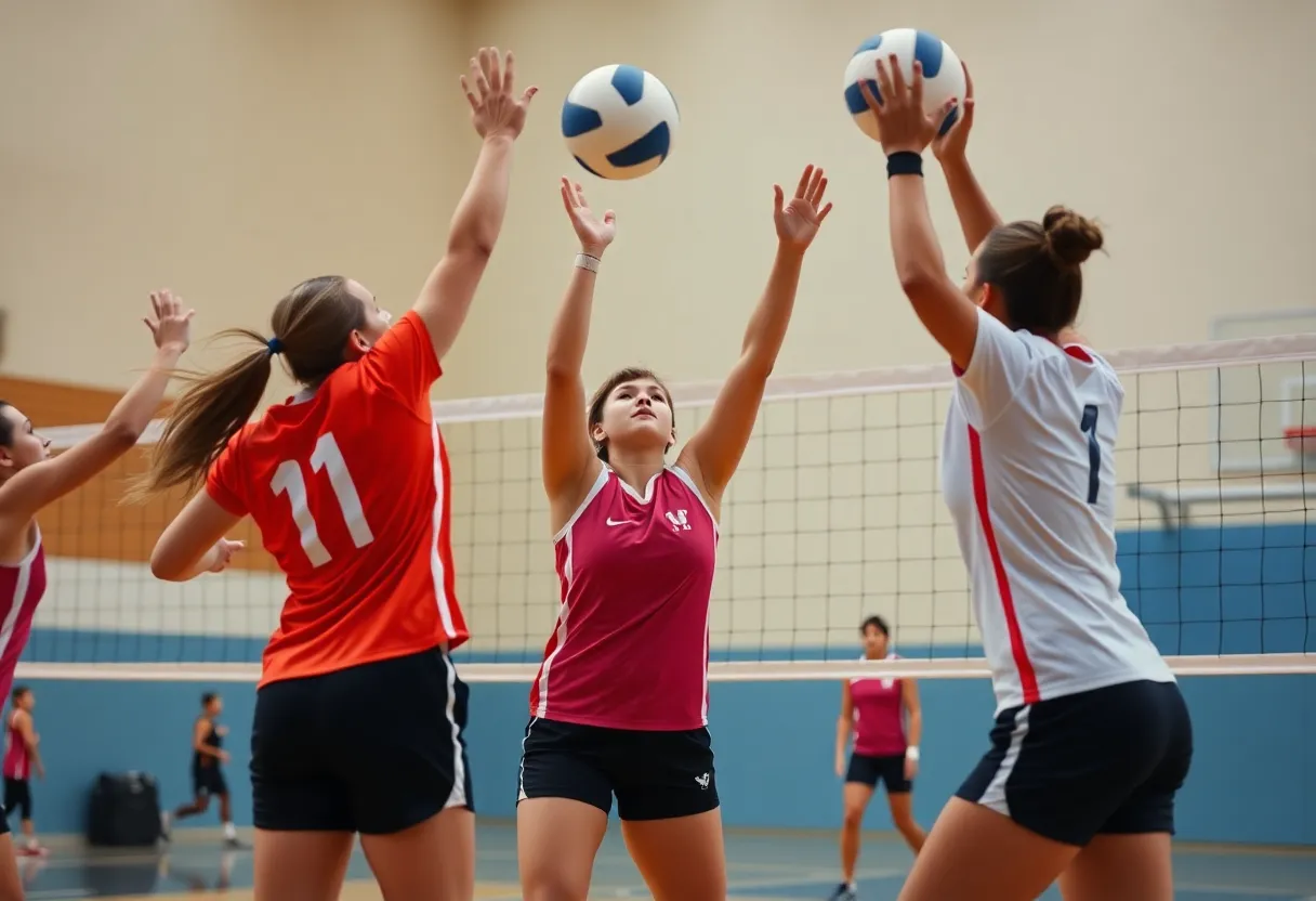 Wahoo High School volleyball players in a match