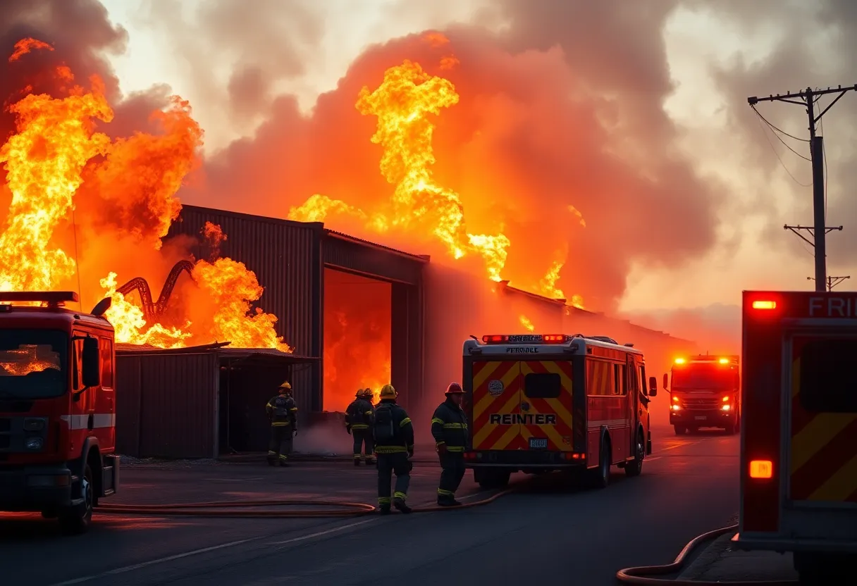 Firefighters extinguishing a warehouse fire in South Omaha.