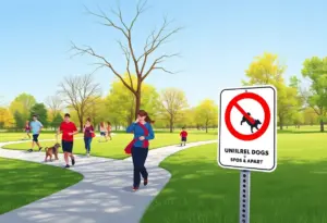 Illustration depicting a park in West Omaha highlighting safety concerns for unleashed dogs.