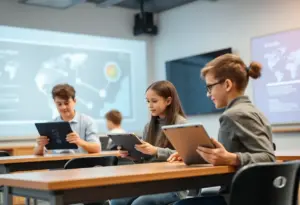 Students in a classroom using AI technology for personalized learning.