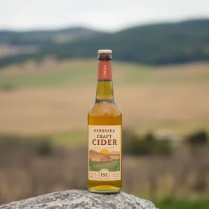 WildNebraska craft cider bottle with Nebraska landscapes in the background