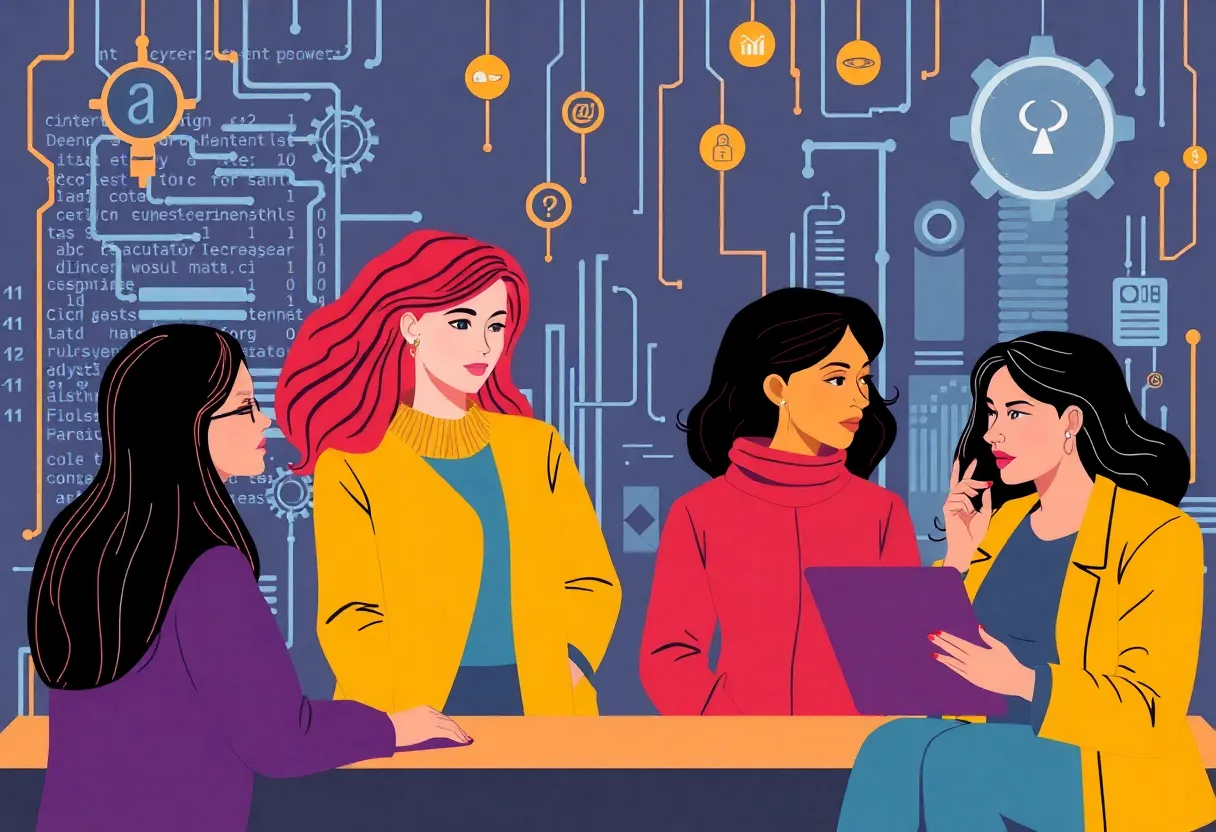 Illustration of women collaborating in a cybersecurity startup environment