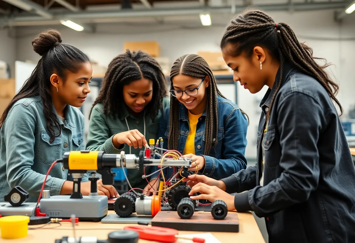 High school girls participating in a manufacturing workshop