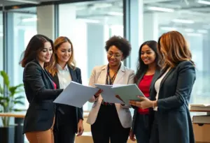 A group of women collaborating in an office setting focused on logistics.