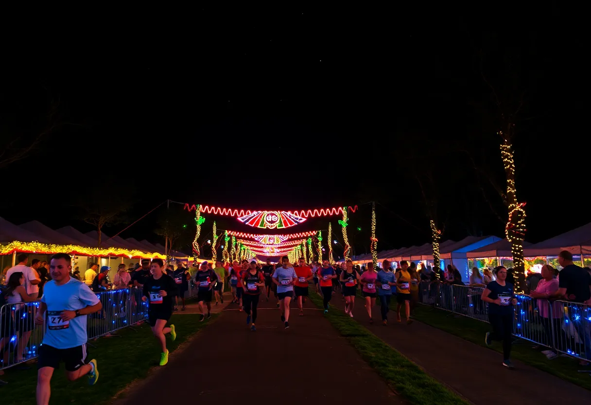 Nighttime running festival in Woods Park with illuminated trails
