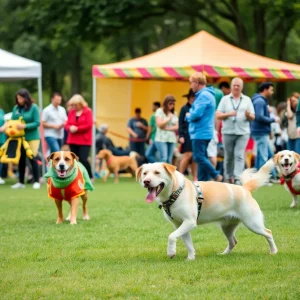 Dogs and their owners enjoying the Woofstock Dog Festival at Turner Park in Omaha.