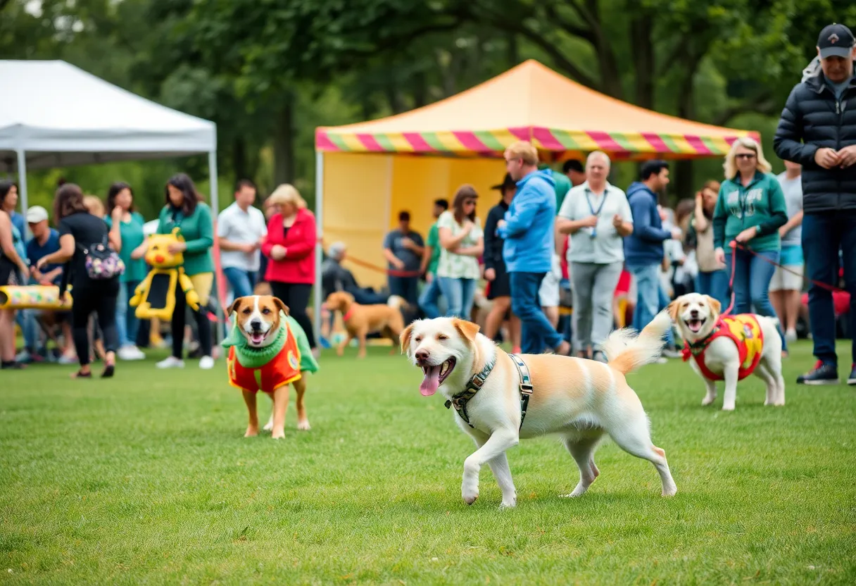 Dogs and their owners enjoying the Woofstock Dog Festival at Turner Park in Omaha.