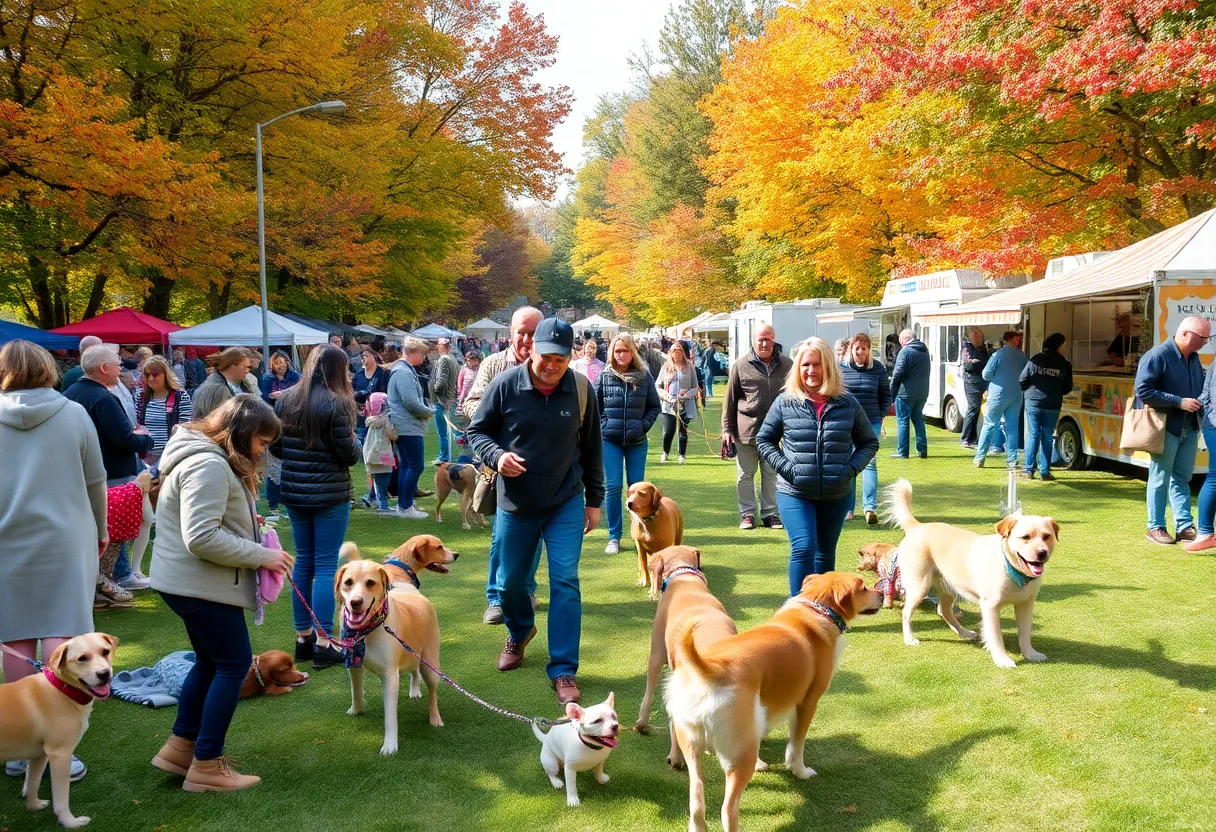 Families enjoying the Woofstock festival at Tuner Park with colorful autumn leaves.
