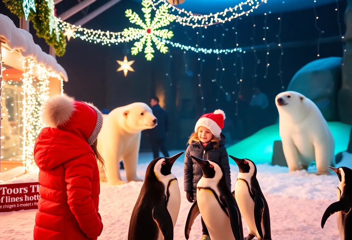 Families enjoying holiday festivities at Henry Doorly Zoo with decorated animal exhibits.